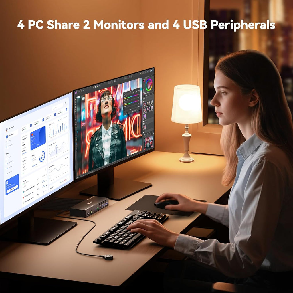 KVM Switch 2 Monitors for 1 Laptop and 1 Desktop 4K@60Hz, USB C HDMI Dual Monitor KVM Switch,Docking Station KVM Switches with 4 USB 3.0 Port, 80W PD Charging, Wired Remote and USB-C Cable Included