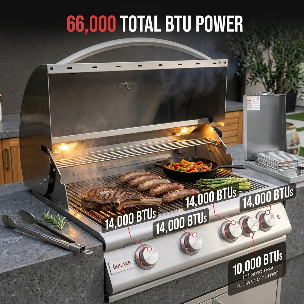 BLAZE BBQ Outdoor Gas Grill Package of 32' LTE Built-in Gas Grill, Dop-In Single Side Burner, 32' Door & Two Drawers Combo, Roll Out Double Trash Drawer, 20' Compact Refrigerator, and Accessories