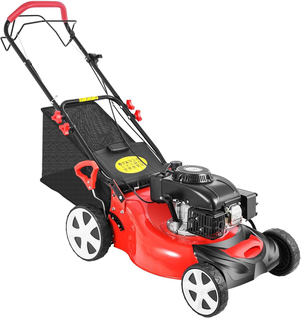 140CC 5HP Self Propelled Gas Lawn Mower, 20 Inch 4-Stroke High Wheel FWD Gas Walk Behind Self Propelled Lawn Mower Single Cylinder Motor OHV Gasoline Engine with 60L/15.85gallon Capacity Bag