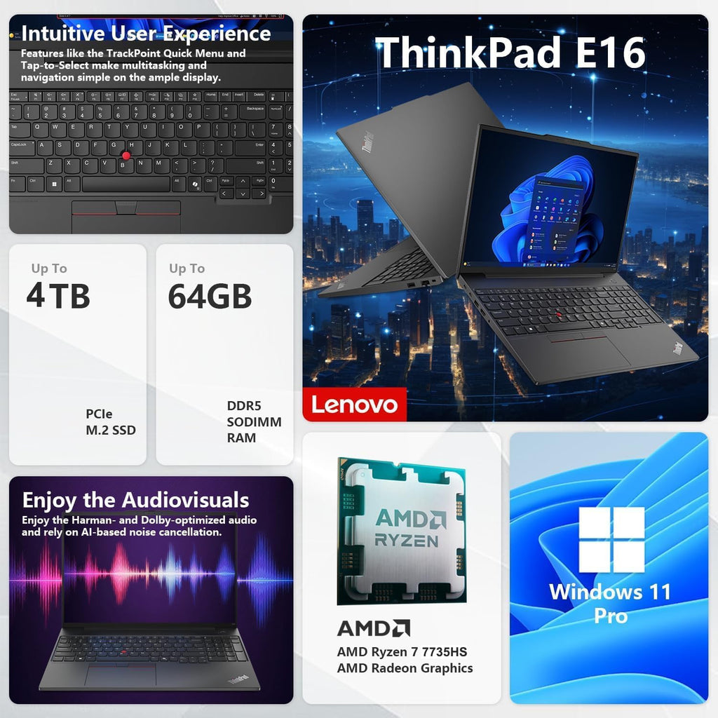 Lenovo ThinkPad E16 Gen 2 Business Laptop Computer, 16' FHD+, AMD 8-Core Ryzen 7 7735HS (Beat i7-1355U), 16GB DDR5, 256GB PCIe SSD, WiFi 6, Backlit KB, Fingerprint Reader, Windows 11 Pro, Vent-Hear