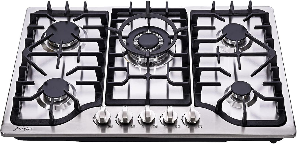 30 Inch Gas Cooktop, 5 Burners Built-in Gas Stovetop Stainless Steel LPG/NG Gas Stove Dual Fuel Sealed Gas Hob with Wok Stand and Pressure Regulator