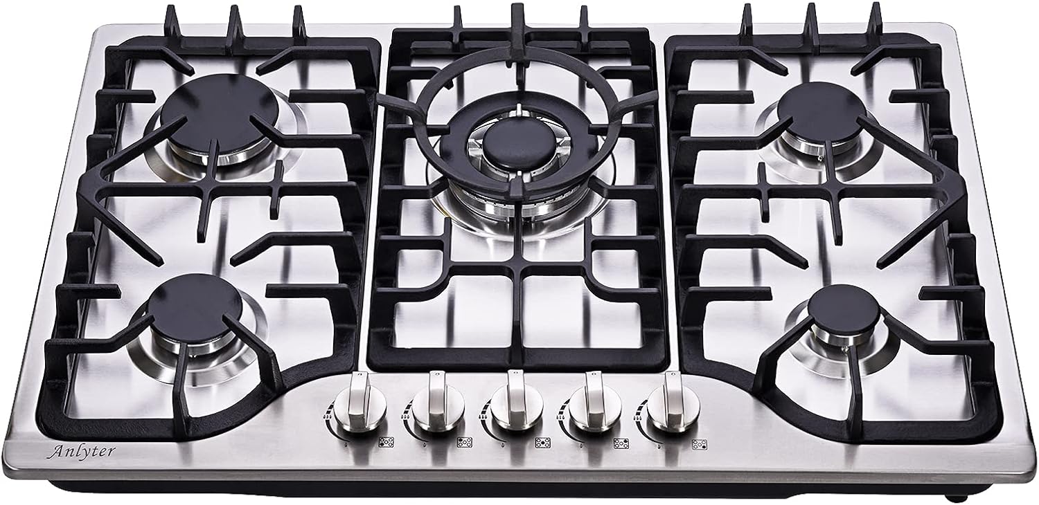 30 Inch Gas Cooktop, 5 Burners Built-in Gas Stovetop Stainless Steel LPG/NG Gas Stove Dual Fuel Sealed Gas Hob with Wok Stand and Pressure Regulator