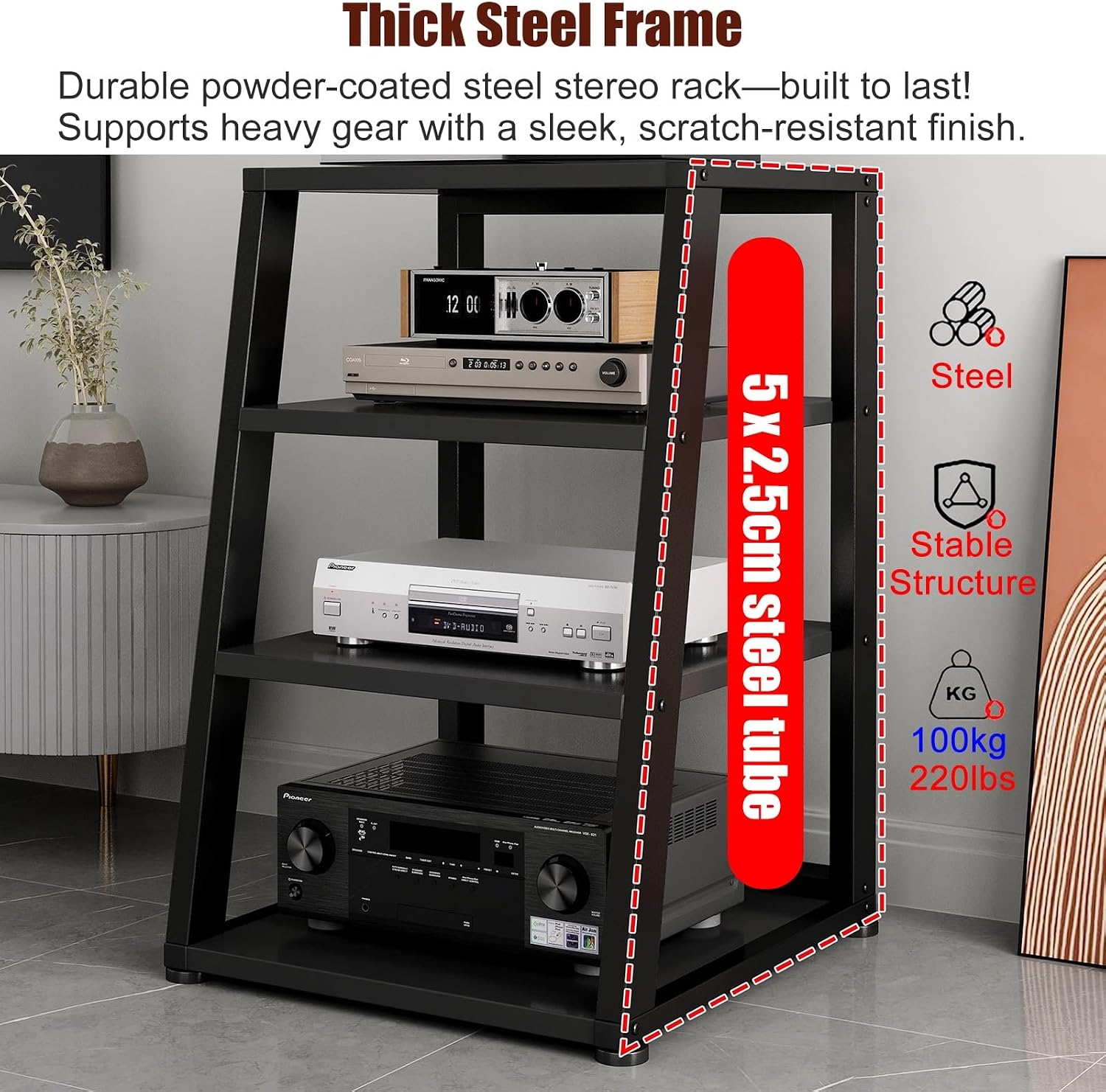 Audio-Video Media Stand HiFi Rack System with Wheels, 2 3 4 5 Shelf Floor-Standing Stereo Component Stand Electronics Equipment Shelf, Living Room Movable Audio Stands and Racks, Black-3 Layer