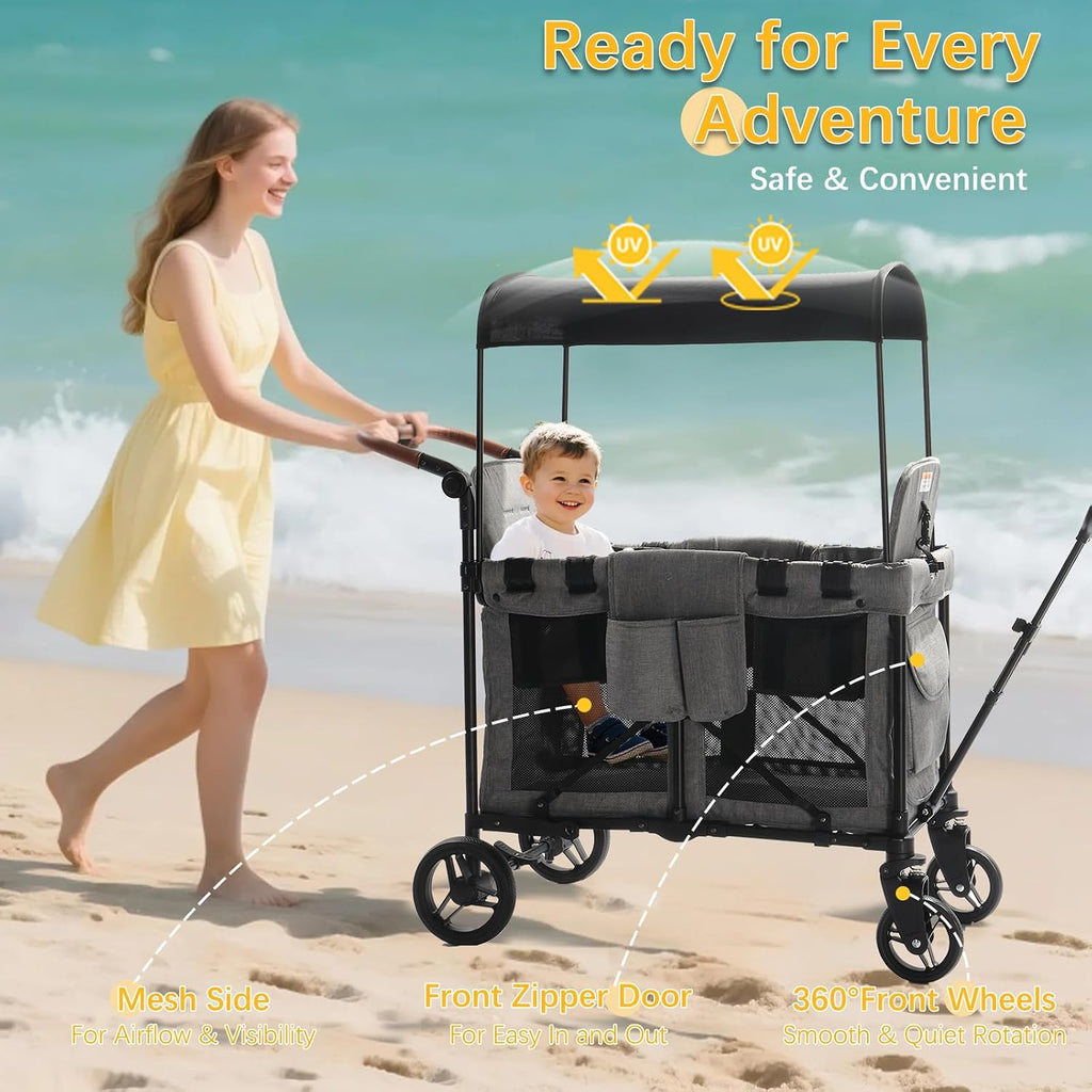 Wagon Stroller for 2 Kids, Foldable All-Terrain Wagon for Kids with Canopy, Adjustable Push and Pull Handles,Convertible High Seat & Organizer, 5 Point Harness (Light Gray)