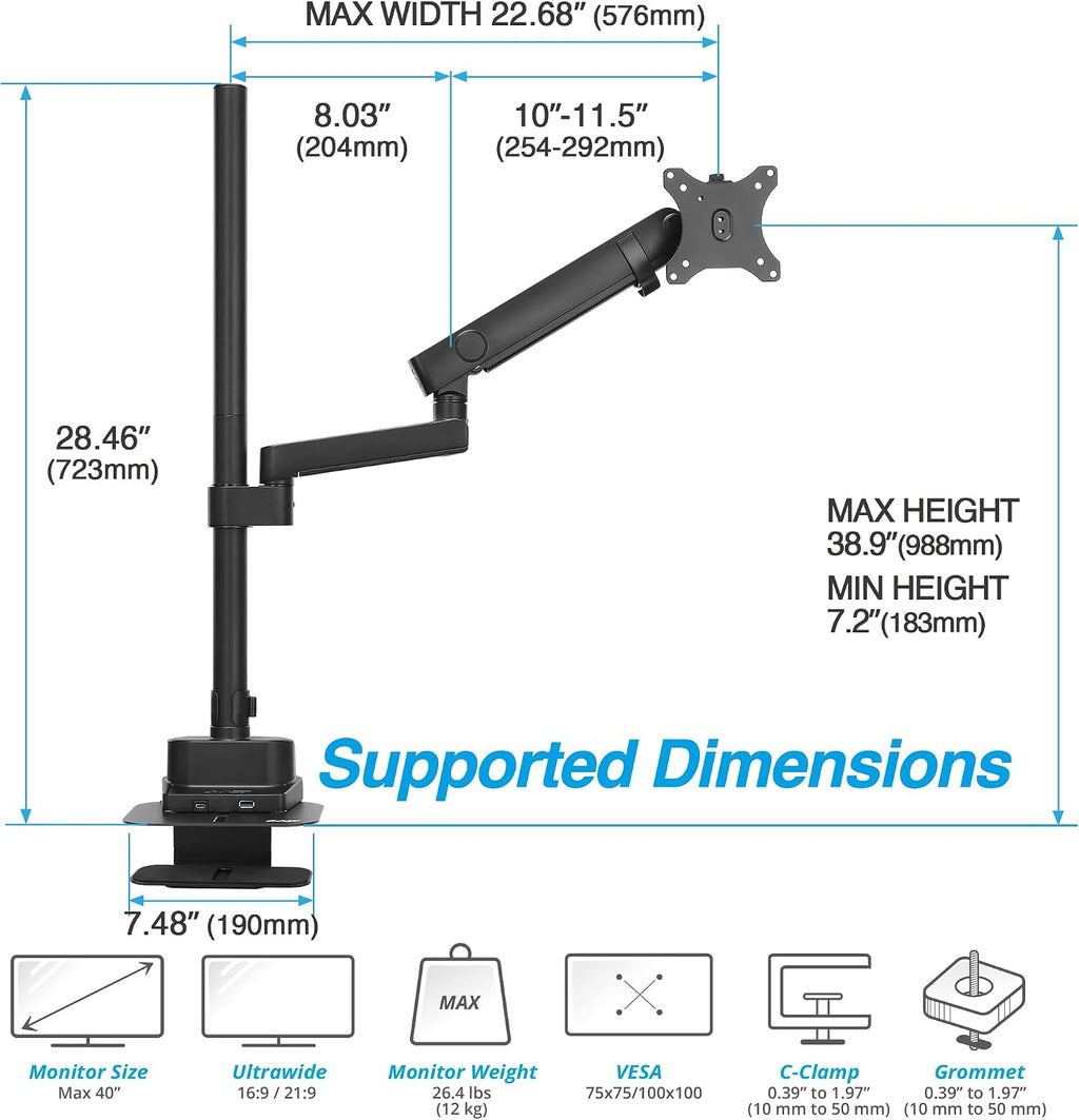 AVLT Single 40 Inch Monitor Arm Pole Top Mount with USB-C&A Ports-Black, Supports 26.4 lbs (12kg), Ultrawide Screen Fit, VESA Compatible, Tilt, Swivel, Rotate, Ergonomic Adjustable Height, Durable