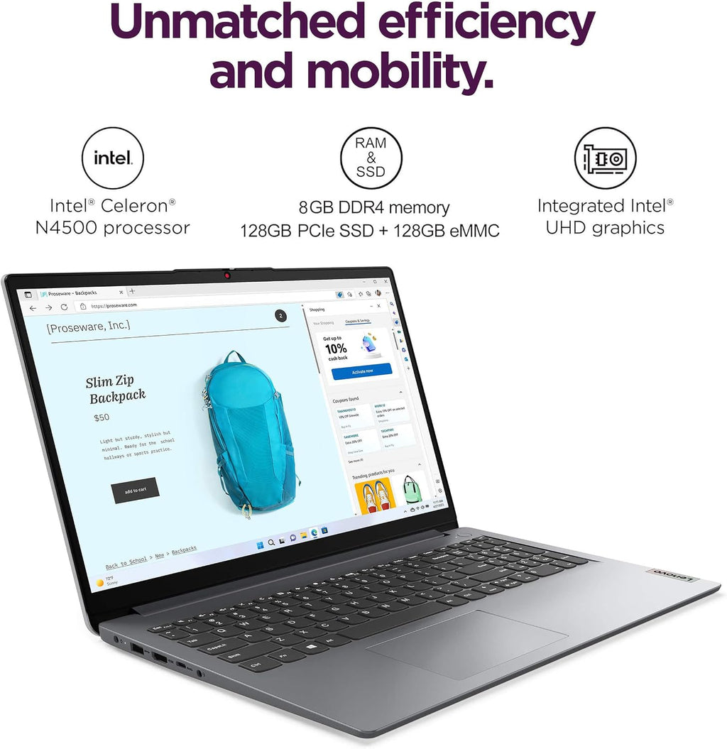 Lenovo 15.6' Laptop Computer (8GB, 256GB Storage (128GB eMMC + 128GB SSD), 1-Year Microsoft Office 365, Intel Dual Core) IdeaPad 1i for Business, Student, Numeric Keypad, Wi-Fi 6, Win 11 Home in S