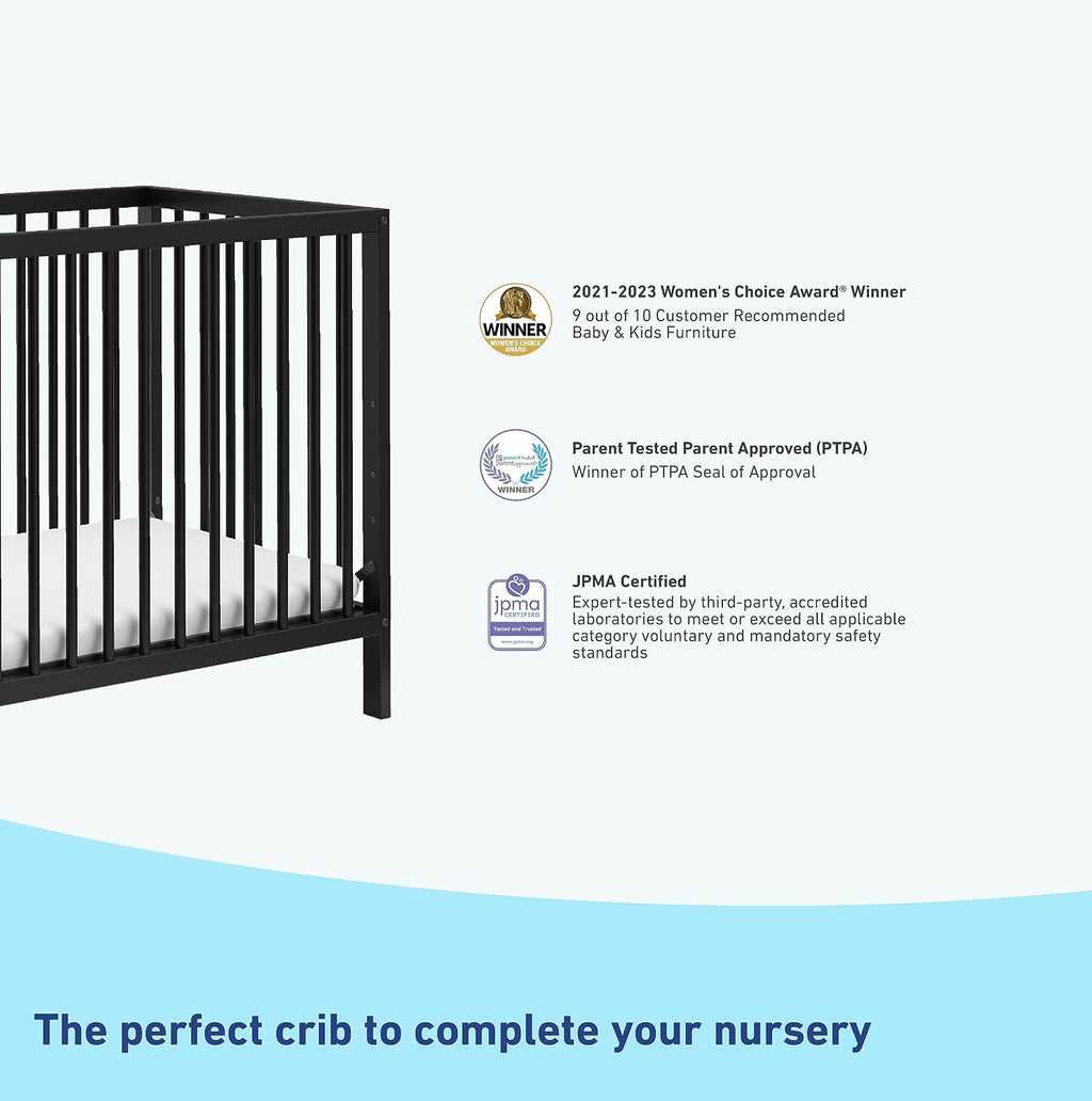 Graco Teddi 4-in-1 Convertible Mini Crib with Bonus Water-Resistant Mattress – GREENGUARD Gold Certified, 2.75-Inch Mattress Included, Small Spaces Crib, Easy 30-Minute Assembly (Black)
