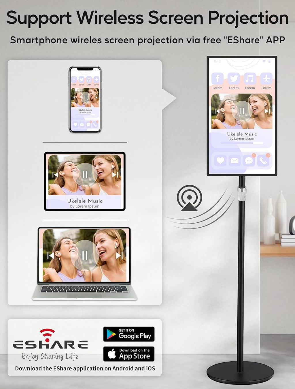 15.6' Digital Signage with Battery, Capacitive Touchscreen Advertising Display, Commercial LCD Monitor with Stand, Auto Play, Wireless Screen Mirroring, Android 13, 2+32GB, Black