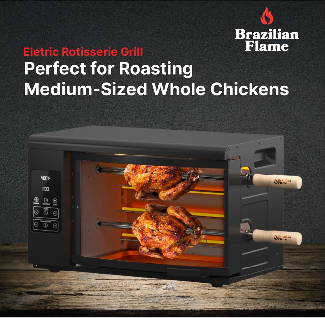 Electric Rotisserie Oven Brazilian Flame VOLTA | Vertical Countertop Grill with Auto-Rotating Skewers Shawarma Grill Machine Meat Kebab | Indoor Adjustable Temperature | 8lb Capacity | World Cup Grill
