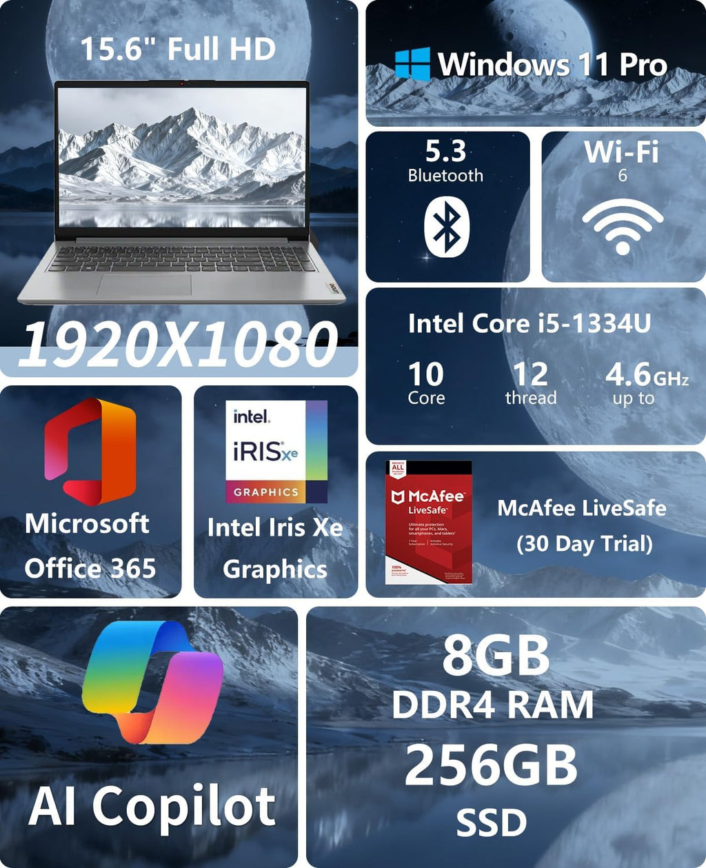 Lenovo IdeaPad 1i Laptop, Intel Core i5-1335U（10-core） Processor, Microsoft Office, 15.6'' FHD Display, 8GB RAM 256GB SSD, Copilot AI, Windows 11 Pro, Wi-Fi 6, HDMI, Alpacatec Accessories