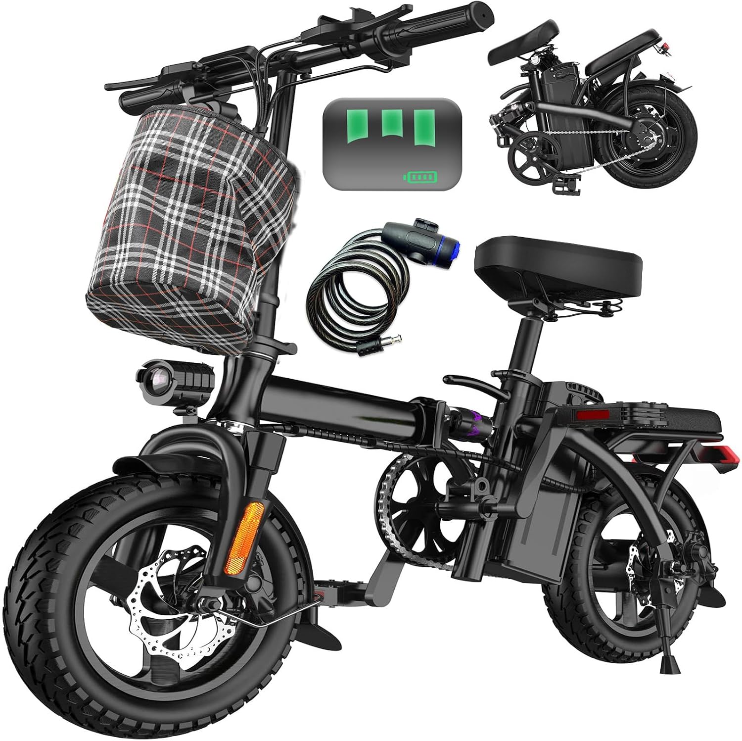 Electric Bike for Adults and Teens, 560-740W Motor, 20-25MPH Compact Commuter Folding Ebike, 32 Miles Range, 48V 10Ah Battery, 3-Level Pedal Assist, 14' Foldable Electric Bicycle, UL 2849 Certified