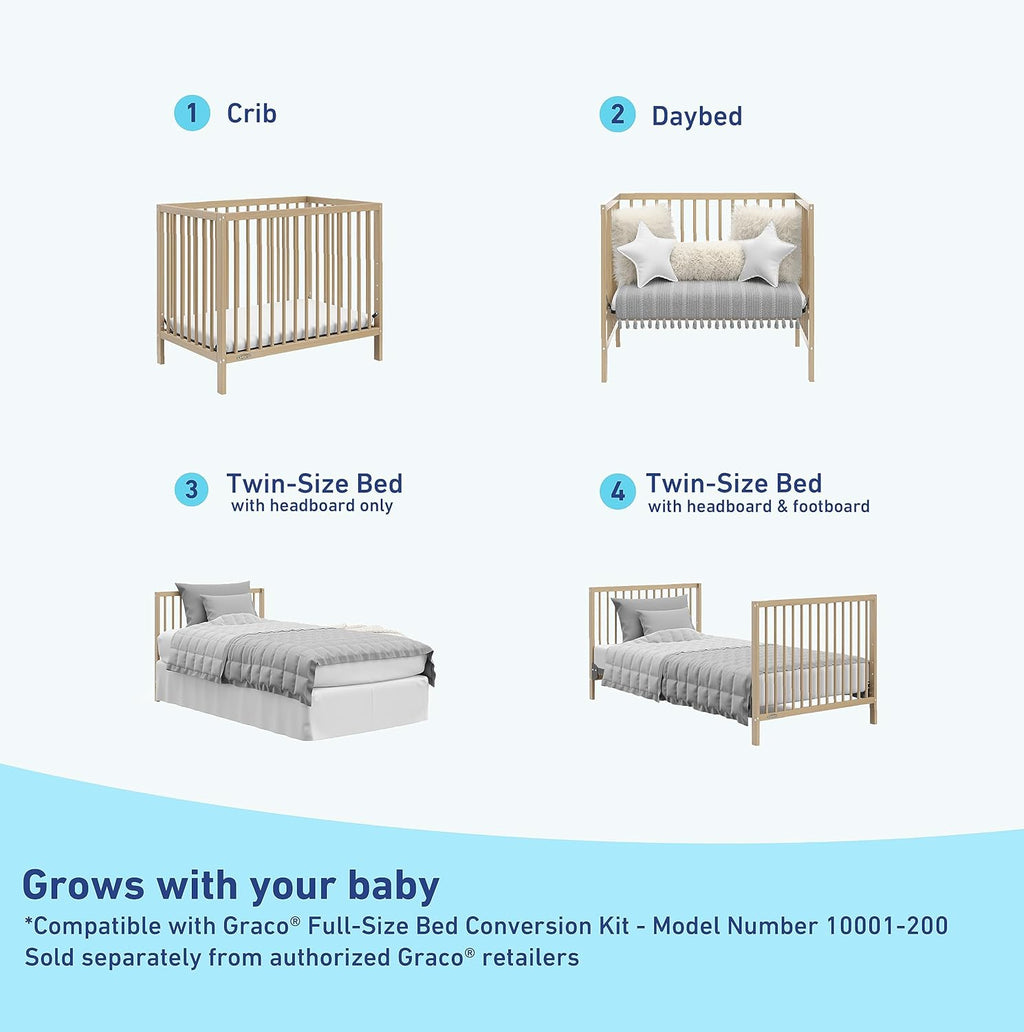 Graco Teddi 4-in-1 Convertible Mini Crib with Bonus Water-Resistant Mattress – GREENGUARD Gold Certified, 2.75-Inch Mattress Included, Small Spaces Crib, Easy 30-Minute Assembly (Driftwood)