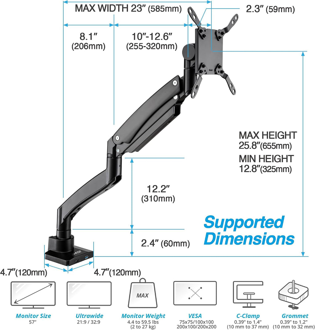 AVLT Single 17'-57' Super Ultrawide Monitor Arm for Screens Up to 59.5 lbs, Premium Aluminum Desk Stand, Adjustable Pneumatic Height, Full Motion Swivel Tilt Rotation, USB-C&A Ports, Black