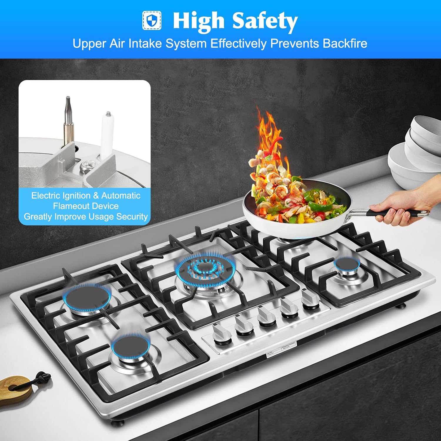 Gas Cooktop, 5 Burner Propane Stove Top, Electronic Pulse Ignition Portable Gas Stove with Push-button Rotary Switch, Built-In Stainless Steel GasCooktop for Homes or Restaurants.