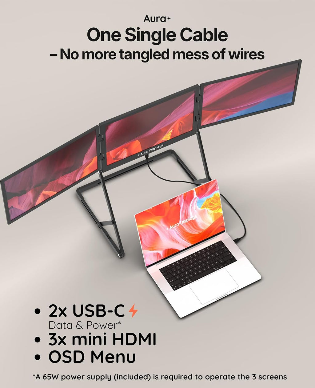 Triple Aero Pro Max 15.6'| Premium Triple Portable Monitor Extender | Full Aluminum | Quad Screens | 3×15.6' FHD 1080P HDR IPS | USB-C & HDMI | Compatible with 11-18' Laptops
