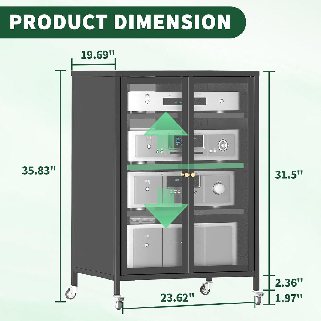 35.8' H Media Storage Cabinet with Wheels, Audio-Video Media Stand, Stereo Cabinet with Adjustable Shelves, Record Player Stand for Meeting, Living, Recording Room