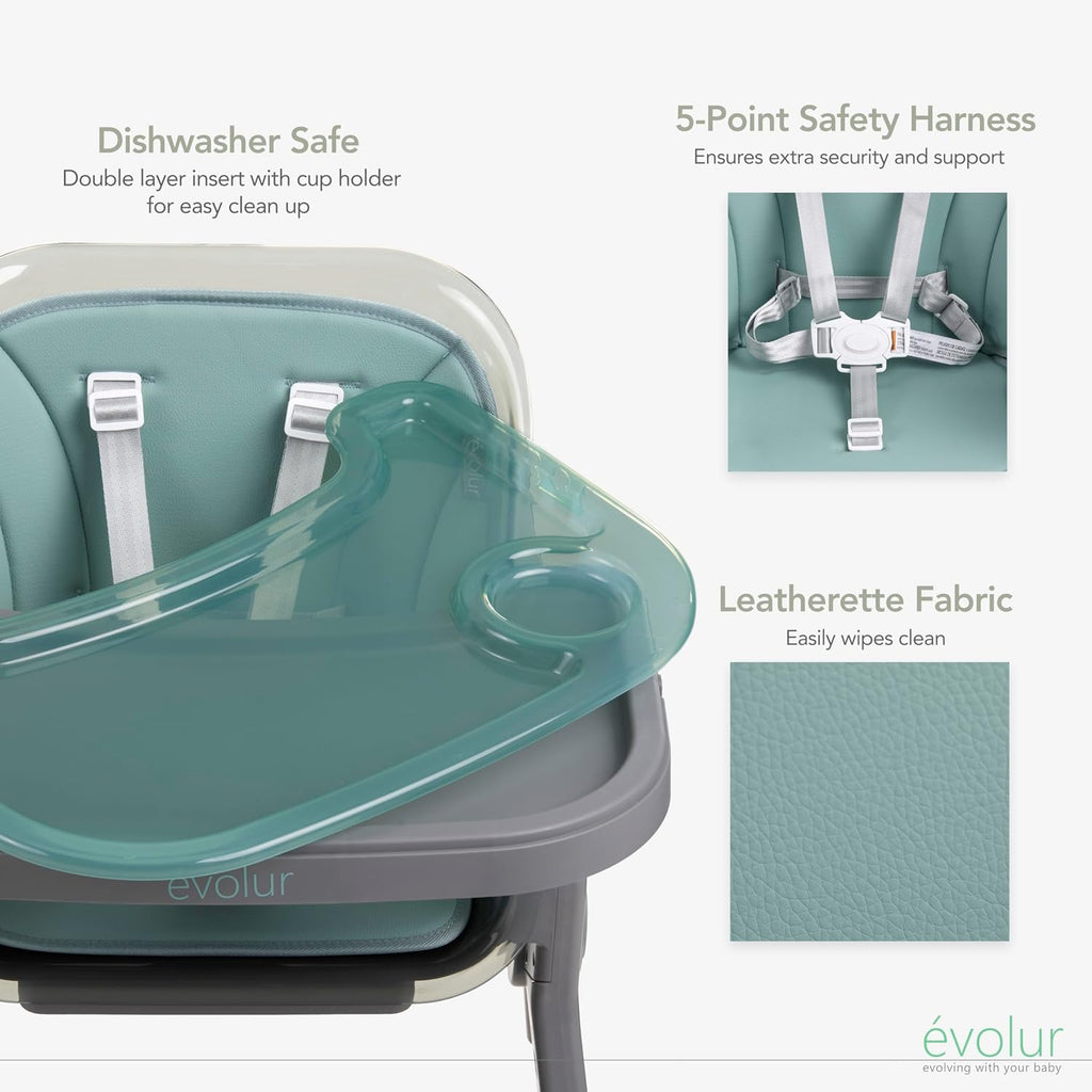 Evolur Tiny Throne 3-in-1 Convertible High Chair, Removable & Dishwasher Safe Tray, Converts to Booster Seat & Adult Stool, Easy-to-Clean Feeding Solution – Matcha Green