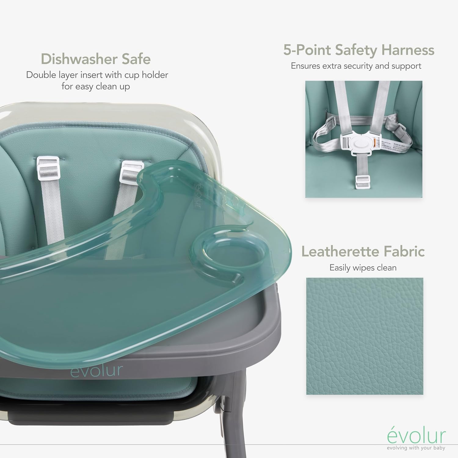 Evolur Tiny Throne 3-in-1 Convertible High Chair, Removable & Dishwasher Safe Tray, Converts to Booster Seat & Adult Stool, Easy-to-Clean Feeding Solution – Matcha Green