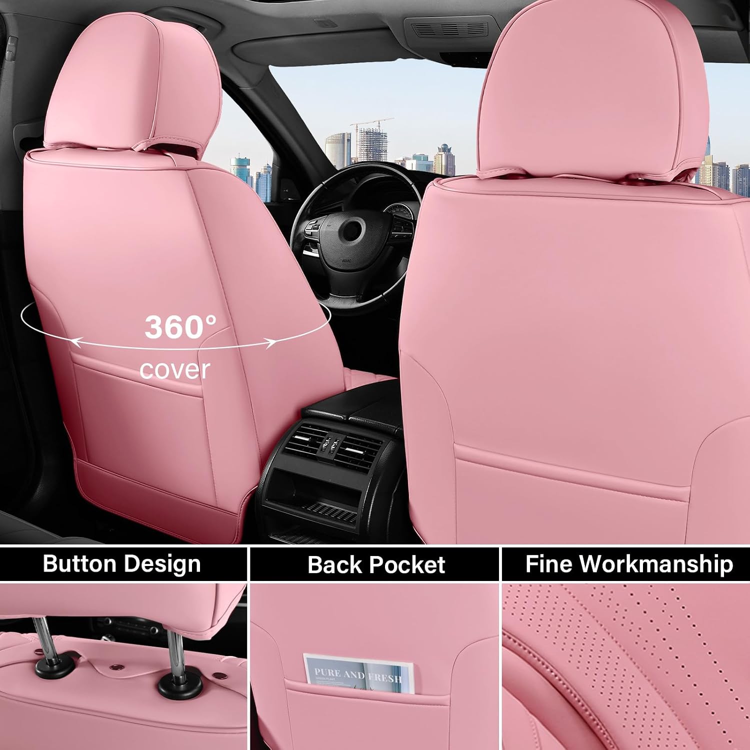 Coverado Pink Seat Covers for Cars, 2 Pack Leather Car Seat Covers, Luxury Waterproof Seat Covers, Front Car Seat Protectors, Driver Car Seat Cushions, Front Seat Covers Universal Fit for Most Cars