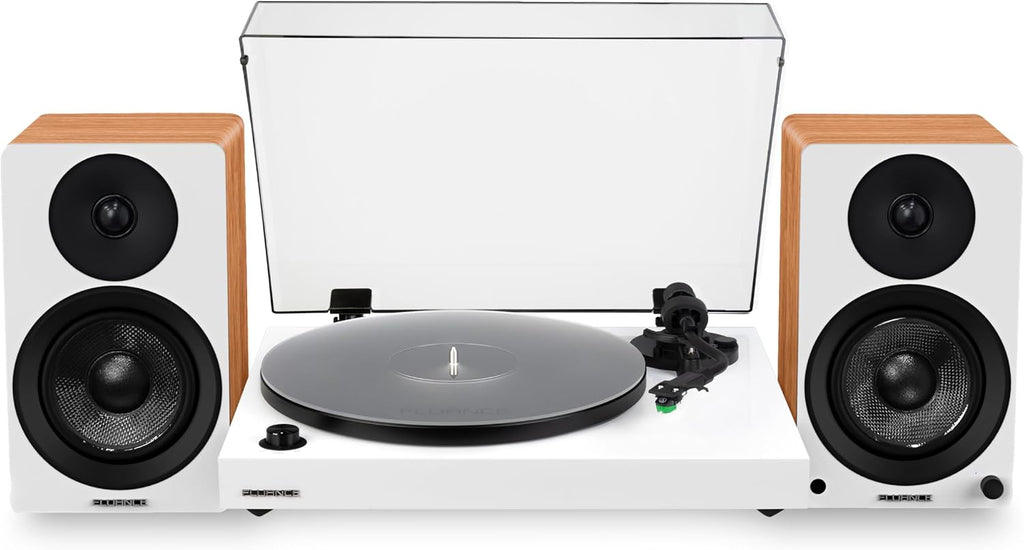 Fluance RT81+ Elite HiFi Vinyl Turntable (White) and Ai41 Powered Bookshelf Speakers (Lucky Bamboo) Bundle: High Fidelity Sound, Integrated Amplifier, Audio Technica Cartridge