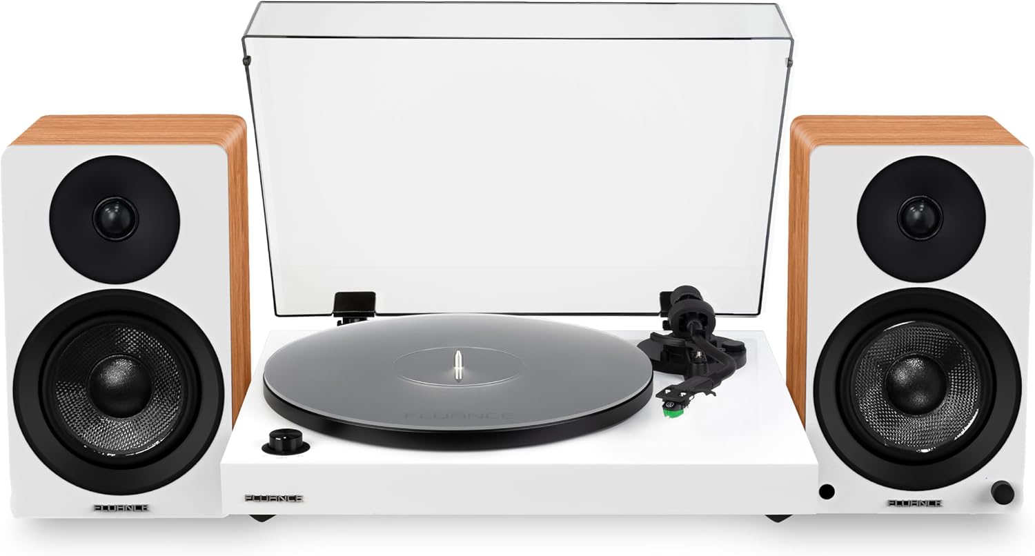 Fluance RT81+ Elite HiFi Vinyl Turntable (White) and Ai41 Powered Bookshelf Speakers (Lucky Bamboo) Bundle: High Fidelity Sound, Integrated Amplifier, Audio Technica Cartridge