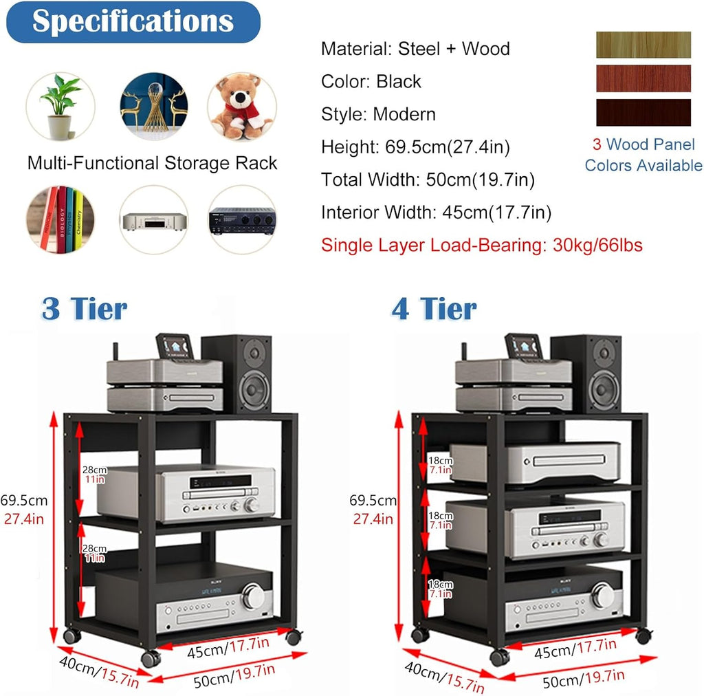 Modern Record Player Stand, 4/3 Tier Mobile Audio AV Media Shelf, Vertical Storage Cabinet for Office Home Classroom, Stereo Equipment Rack, Adjustable
