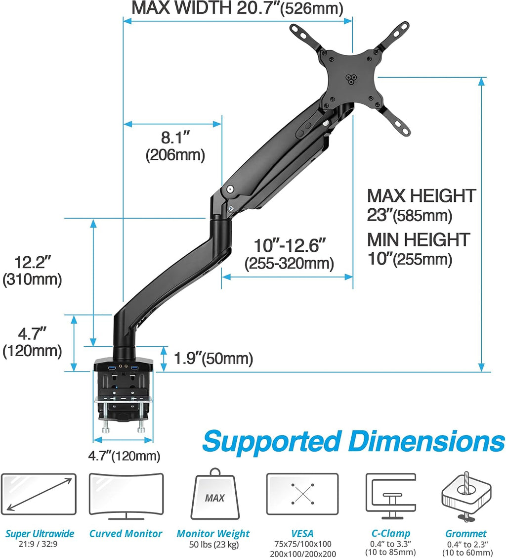 AVLT Single 17'-49' Super Ultrawide Monitor Arm Desk Mount for Screens up to 50 lbs, Premium Aluminum Stand, Adjustable Pneumatic Height, Full Motion Swivel Tilt Rotation, USB 3.0 & AUX Ports, Black
