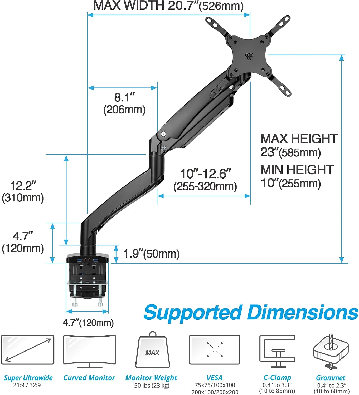 AVLT Single 17'-49' Super Ultrawide Monitor Arm Desk Mount for Screens up to 50 lbs, Premium Aluminum Stand, Adjustable Pneumatic Height, Full Motion Swivel Tilt Rotation, USB 3.0 & AUX Ports, Black
