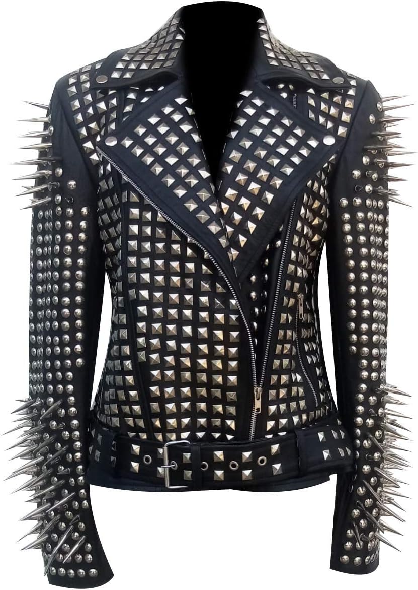 SKY-SELLER Women's Metal Spikes Brando Motorcycle Slim Fit Genuine Leather Coat - Biker Black Studded Leather Jacket