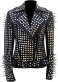 SKY-SELLER Women's Metal Spikes Brando Motorcycle Slim Fit Genuine Leather Coat - Biker Black Studded Leather Jacket