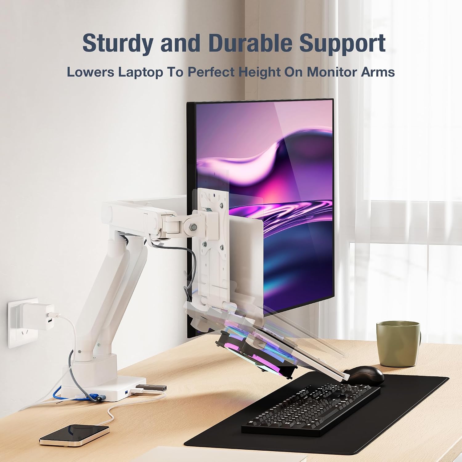 AVLT Dual 17'-38' Monitor Arm Desk Mount with 17' Laptop Tray and USB-C Docking Station, HDMI 4K60Hz, USB-A 5Gbps, Ethernet, 100W PD, Fits Two Flat/Curved - White