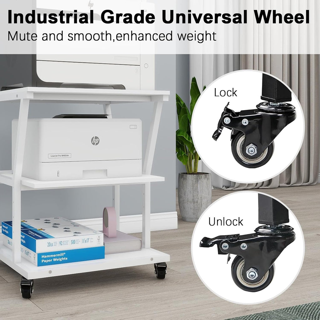 Natwind 3-Tier Large Printer Stand,23.6'x23.6'x29.5' Heavy-Duty Printer Table Cart with Paper Storage Shelf & Wheels,Ideal for Home Office Laser Printers, Copiers (White)