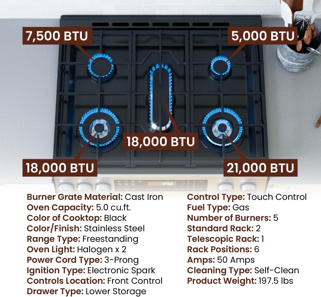 Rangaire RRG303GS 30' Glass Touch Gas Range Oven - Stainless Steel, Sealed Burners, True Convection, Self Cleaning, Easy Reach Racks