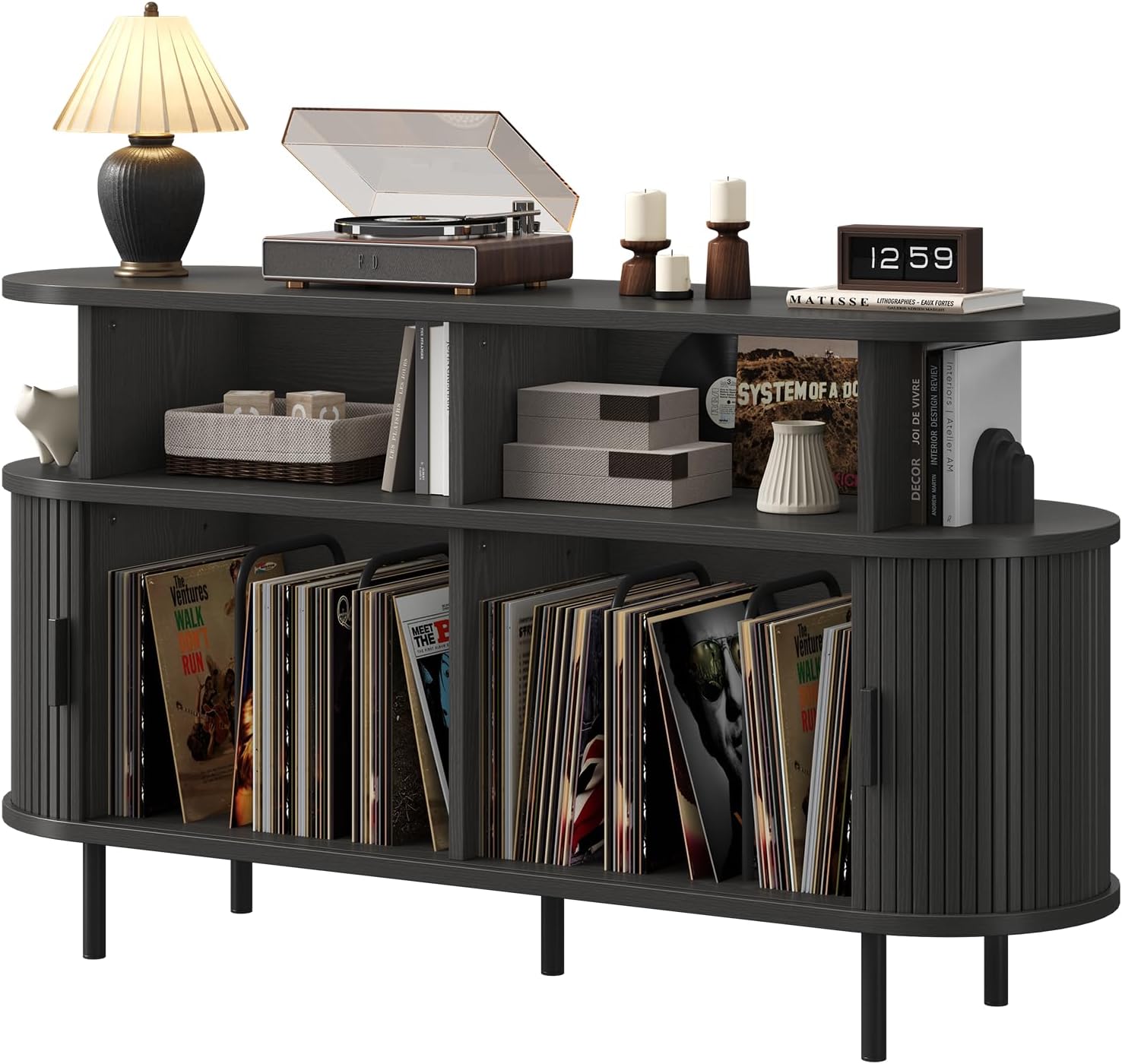 55' Large Round Record Player Stand with Charging Station, Vinyl Record Storage Cabinet, Mid Century Modern Turntable Stand with Open Shelves Holder for Bedroom Living Room, Sliding Doors (Black)