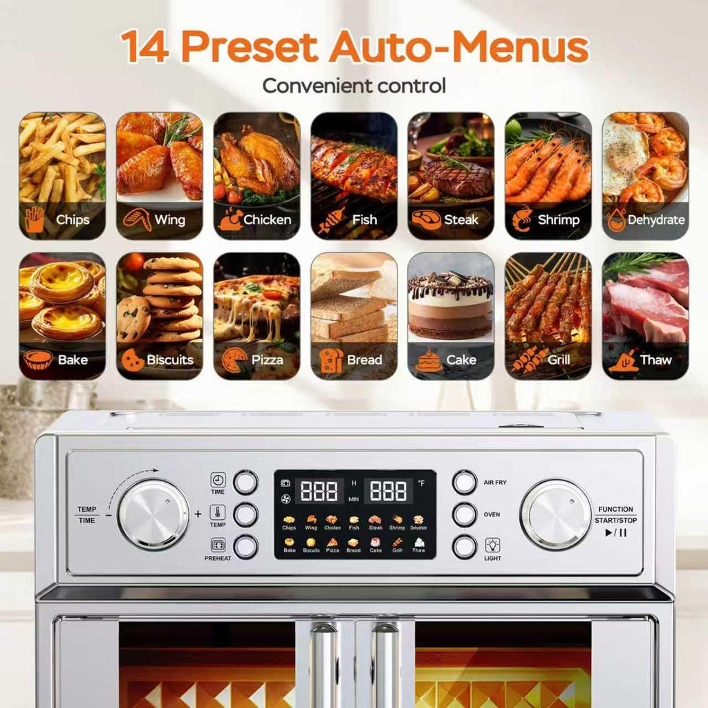 Plum chef 27.5QT French Door Air Fryer Toaster Oven Combo, Countertop Oven with 14 Presets & Digital Control, Extra Large Toaster Oven for Baking, Roasting, Accessories Includes,Stainless Steel