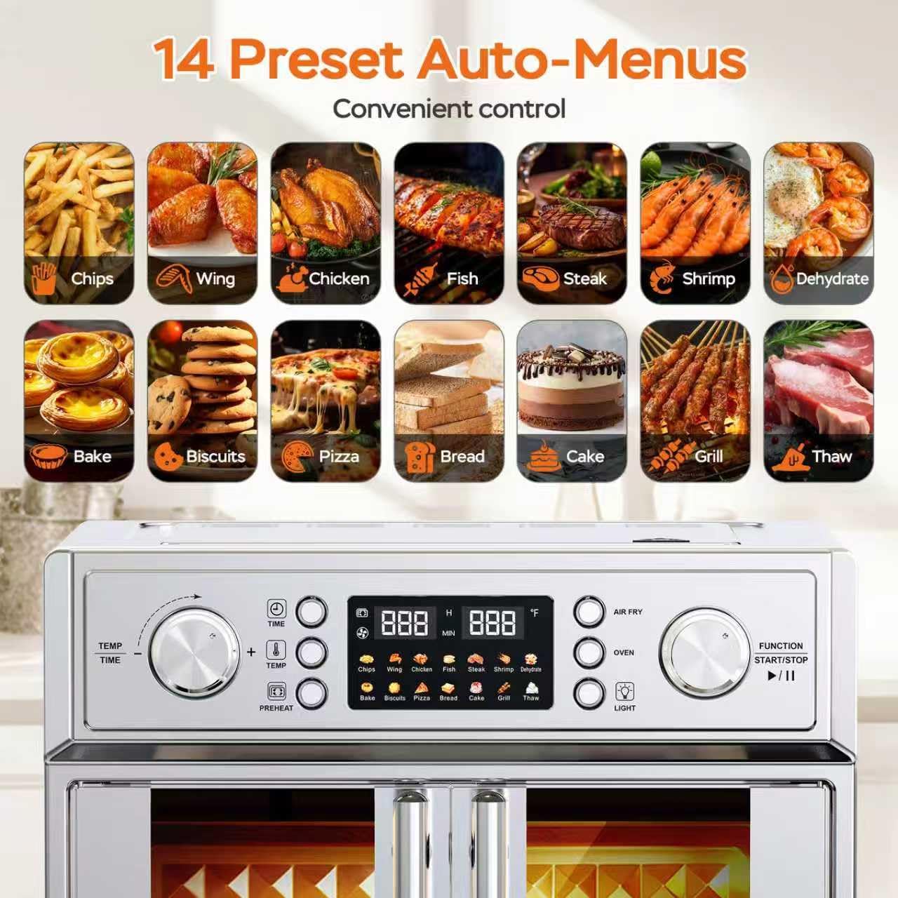 Plum chef 27.5QT French Door Air Fryer Toaster Oven Combo, Countertop Oven with 14 Presets & Digital Control, Extra Large Toaster Oven for Baking, Roasting, Accessories Includes,Stainless Steel