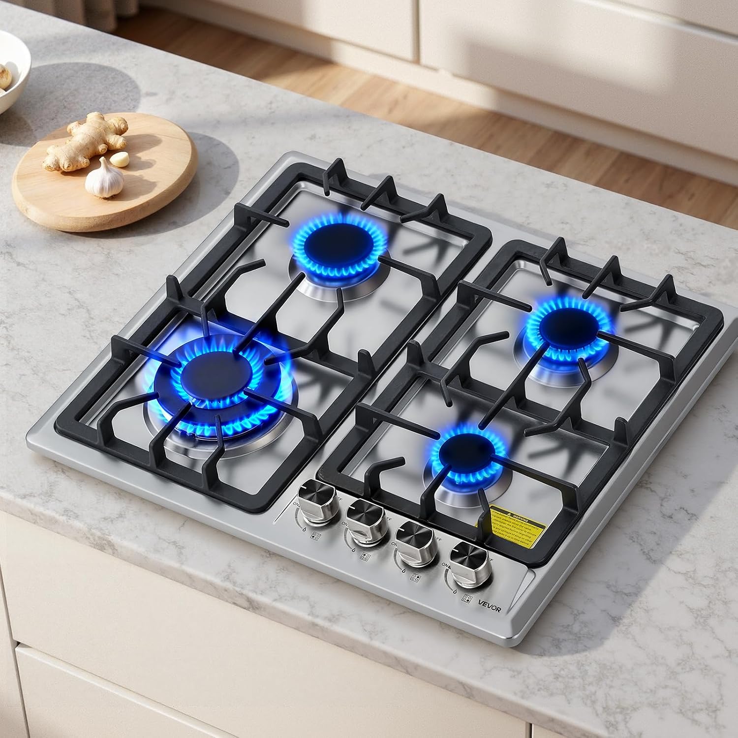 VEVOR 24 inch Gas Cooktop 4 Burners Gas Stove Top, Max 27000BTU Built-in Stainless Steel Stove Top LPG/NG Convertible Dual Fuel Cooktop Stoves with Thermocouple Protection for Kitchen Apartment Rvs