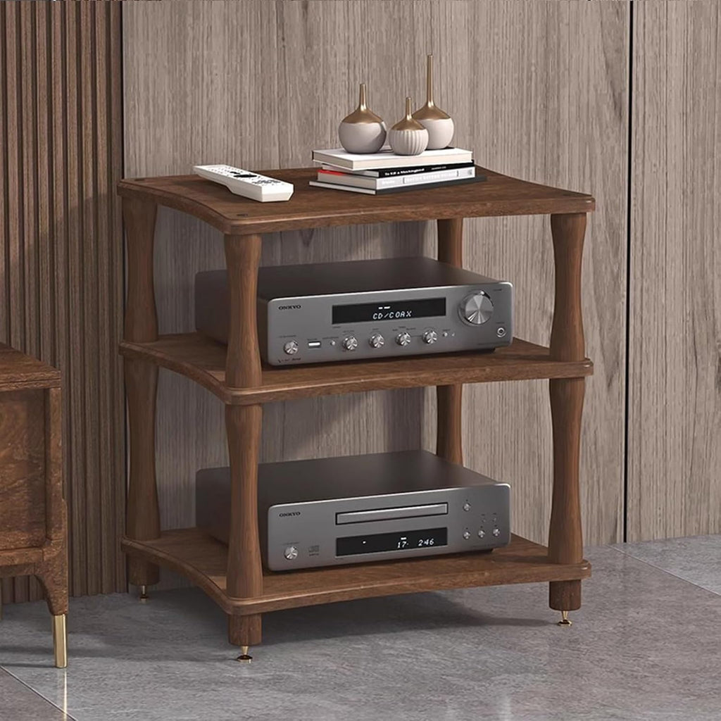 Retro Audio Rack Stand 4-Tier Media Tower for Home Theatre Wooden DVD Holder & Console Shelf Vintage Stereo Cabinet for Gaming & Av Equipment-Brown-3 Tier