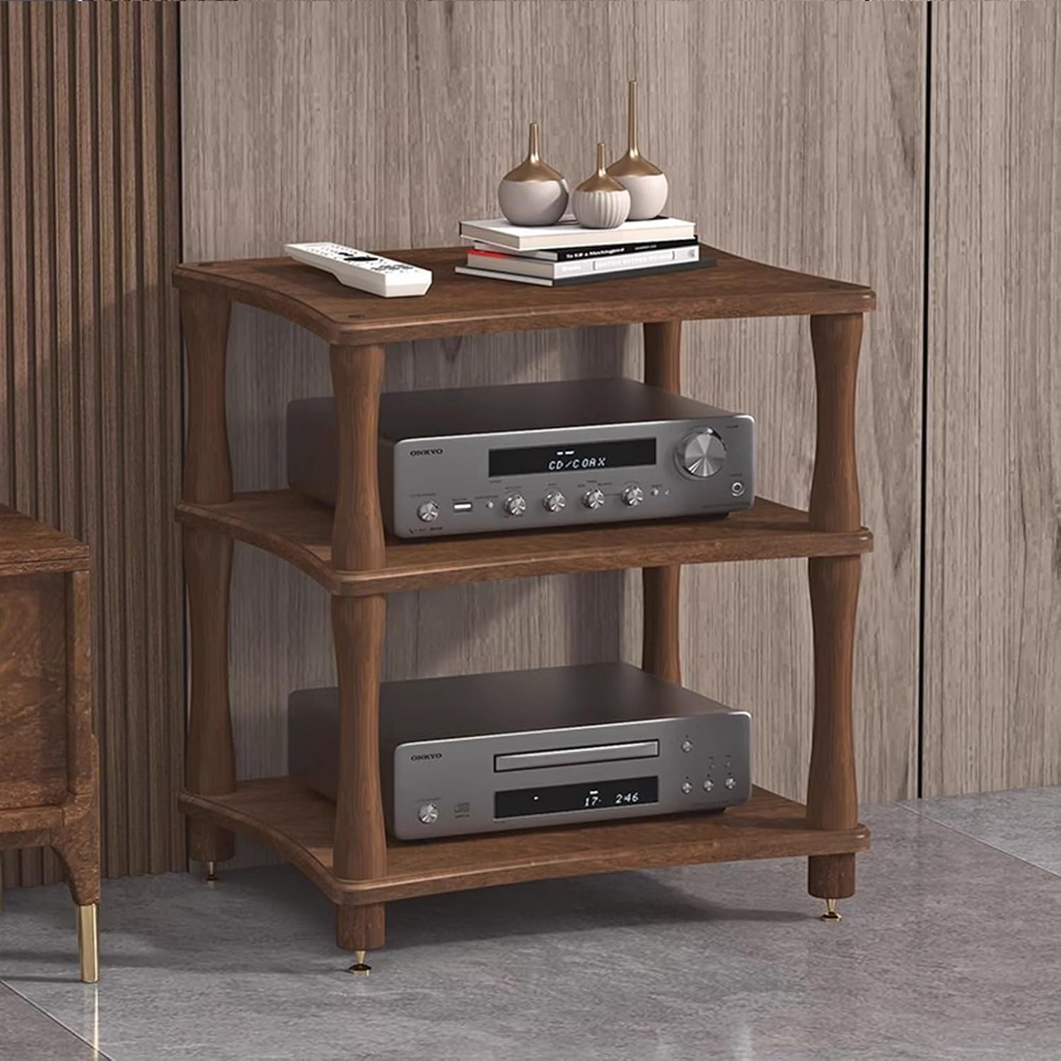 Retro Audio Rack Stand 4-Tier Media Tower for Home Theatre Wooden DVD Holder & Console Shelf Vintage Stereo Cabinet for Gaming & Av Equipment-Brown-3 Tier