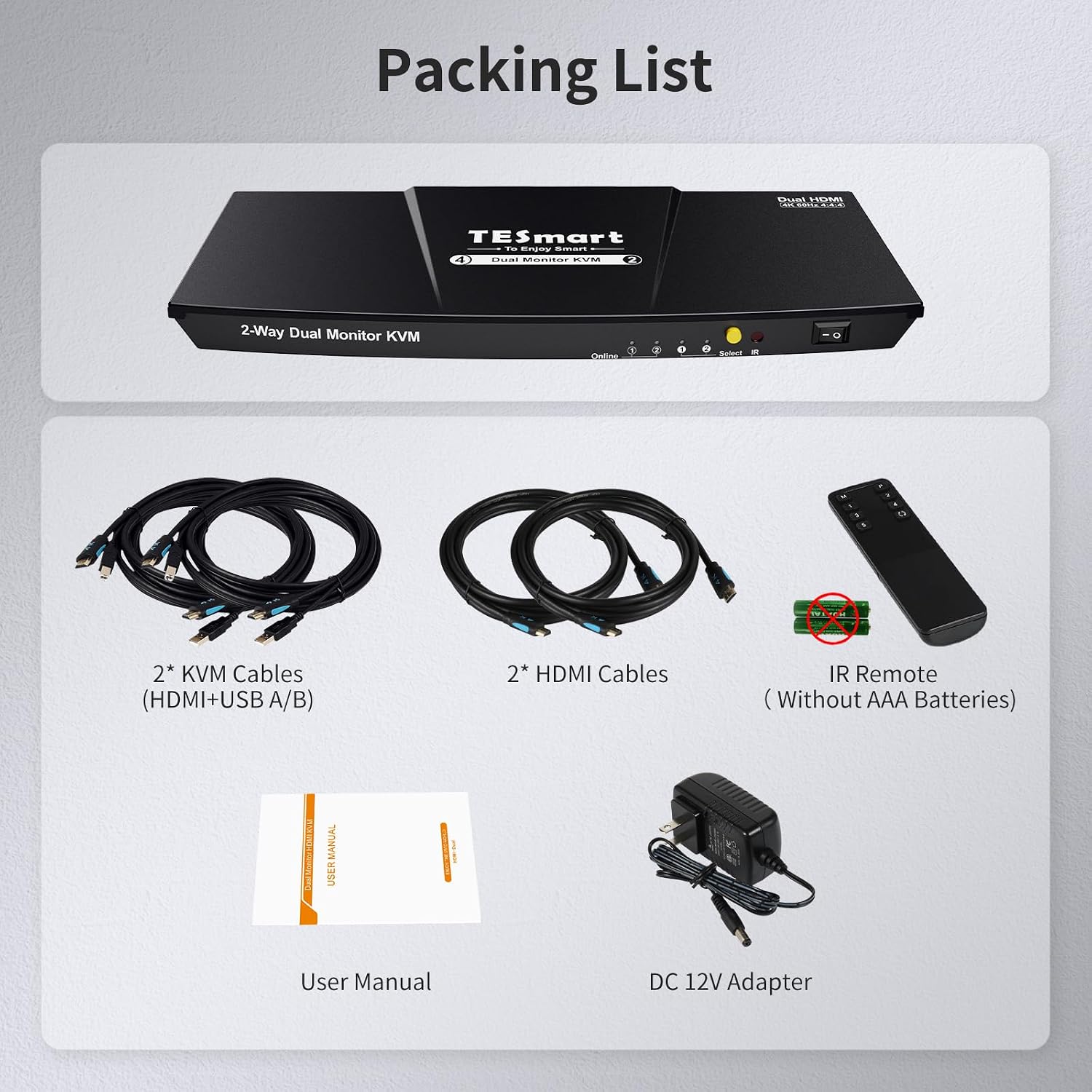 TESmart HDMI KVM Switch 2 Monitors 2 Computers 4K@60Hz, USB 2.0, Dual Monitor KVM Switch HDMI 2 Port Extended Display, EDID emulators, L/R Audio, Hotkey Switch, Button Switch with All Input Cables