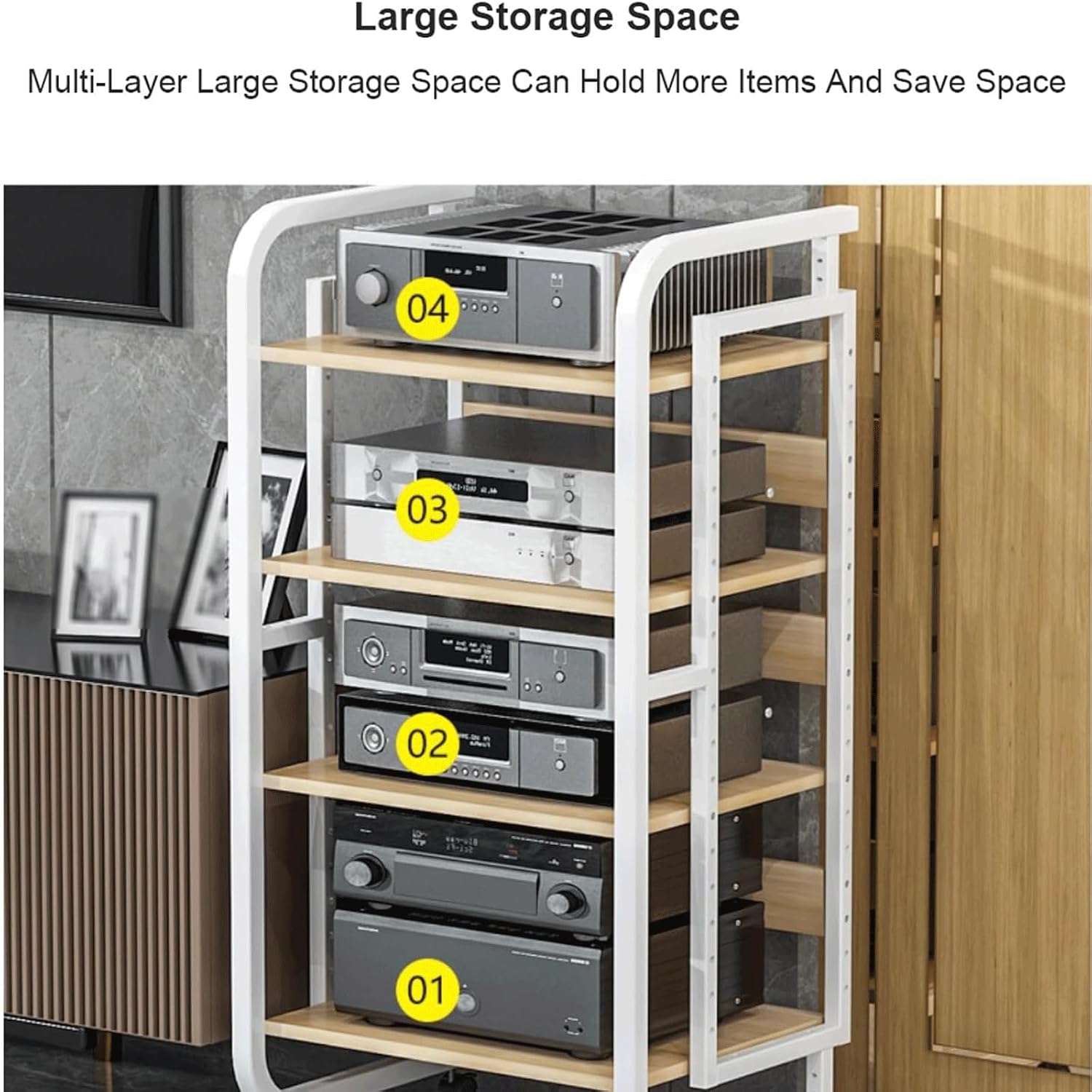 Audio Rack Steel Stereo Rack Audio Equipment Rack Audio Stereo Shelf Wooden Open Adjustable Audio-Video Shelving with Wheels Durable(Wei�,3 Tier)