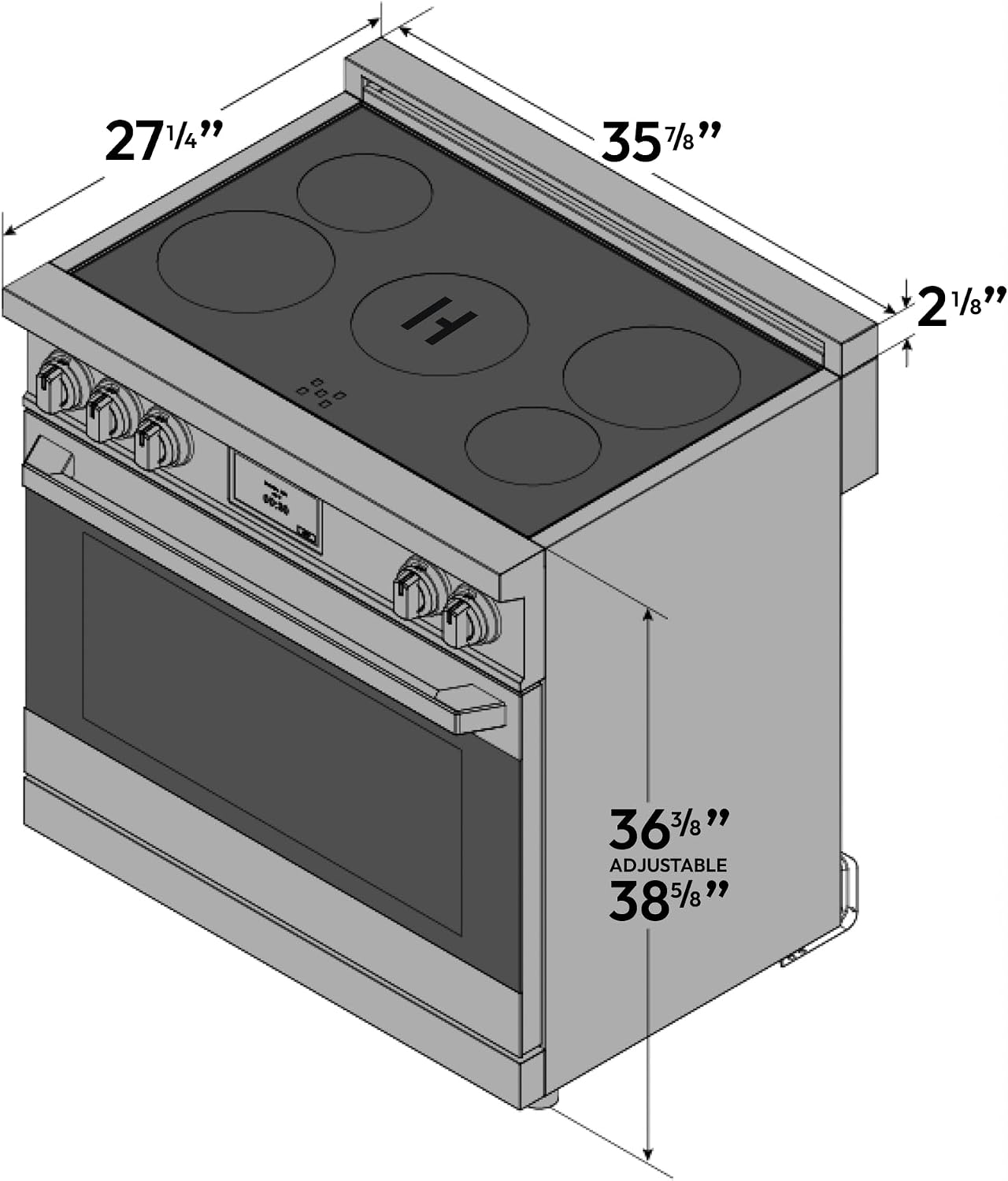 36 Inch Professional Induction Range with Convection Oven, Air Fry, 5 Burner Electric Stove, Pizza Stone - Black Stainless Steel