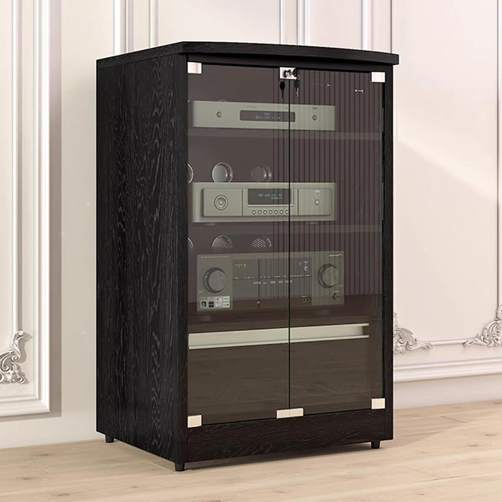 Media Stand with Storage, Audio Rack with Adjustable Shelves, Stereo Cabinet with Glass Doors, Flip Cover AV Cabinet, Wooden Media Storage Cabinet(Black,3-Tier)
