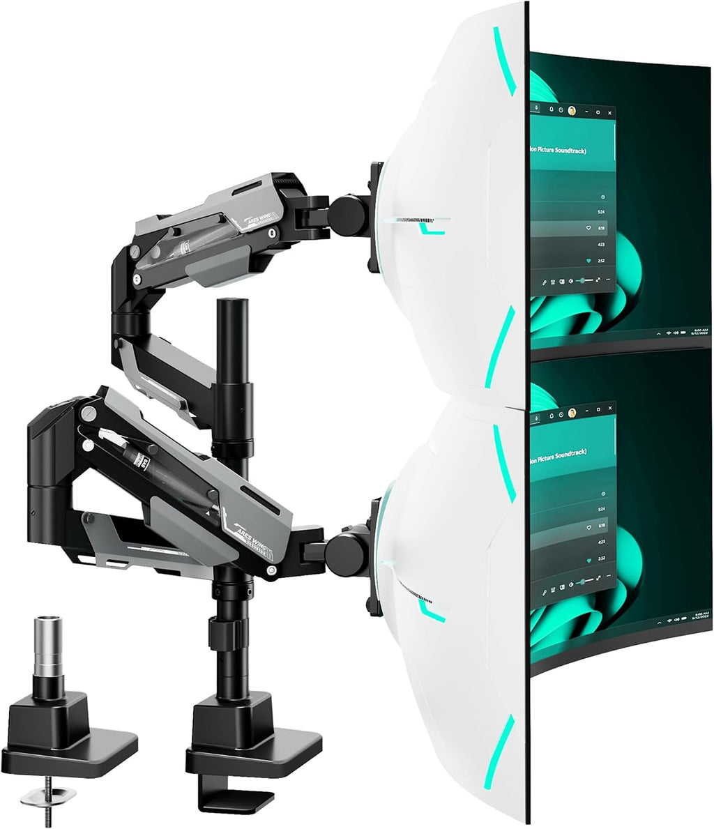 ARES WING Vertical Dual Monitor Mount - 24-57' Aluminum Heavy Duty Monitor Arms for 2 Monitors, Fully Adjustable Gas Spring Stacked Monitor Stand with 75/100/200 Vesa Mount, Black