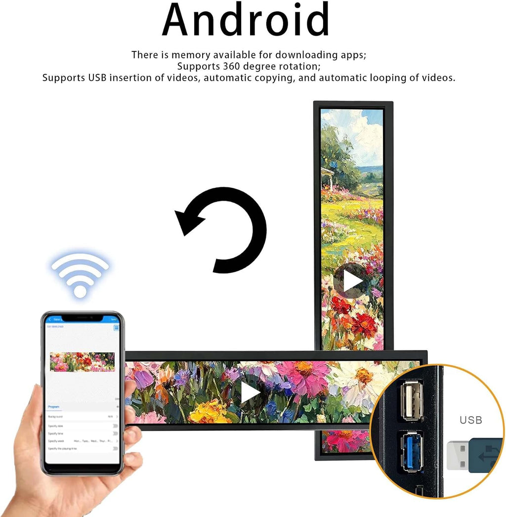 VSDISPLAY 24 Inch Touch Screen 1920x360 IPS Monitor Android 11 Stretched Bar LCD Auto Copy Autoplay as Extra Advertising Display,Supports USB/SD Input