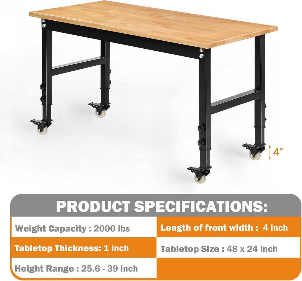 Betterhood 48' Heavy-Duty Adjustable Workbench for Garage, Rubber Wood Shop Table W/Metal Wheels, Hardwood Workstation Weight Capacity Over 2000 Lbs with Wheels