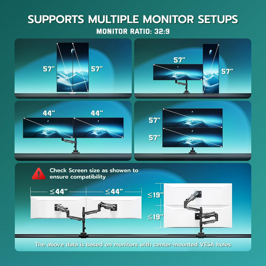 ARES WING Vertical Dual Monitor Mount - 24-57' Aluminum Heavy Duty Monitor Arms for 2 Monitors, Fully Adjustable Gas Spring Stacked Monitor Stand with 75/100/200 Vesa Mount, Black