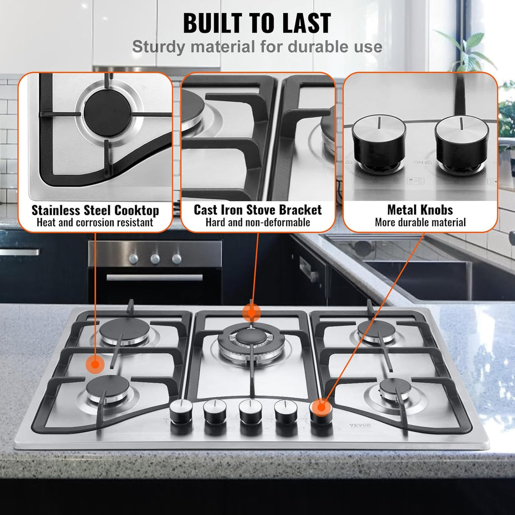 VEVOR 30-inch Gas Cooktop, 5 Burners Built-in Gas Stove Top, Max 12250BTU NG/LPG Convertible Stainless Steel Cooktops, with Thermocouple Protection for Camping, RV, Apartment