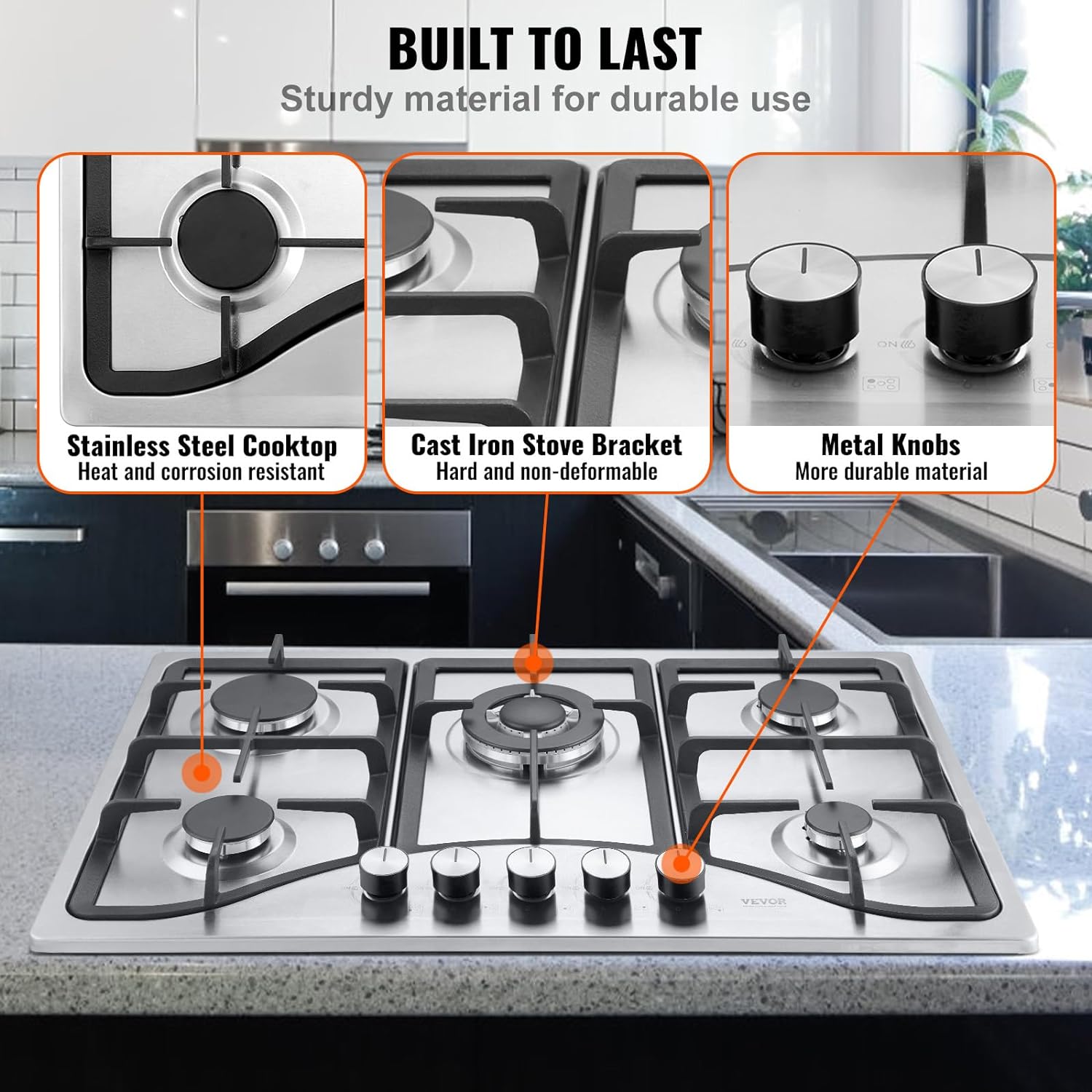 VEVOR 30-inch Gas Cooktop, 5 Burners Built-in Gas Stove Top, Max 12250BTU NG/LPG Convertible Stainless Steel Cooktops, with Thermocouple Protection for Camping, RV, Apartment