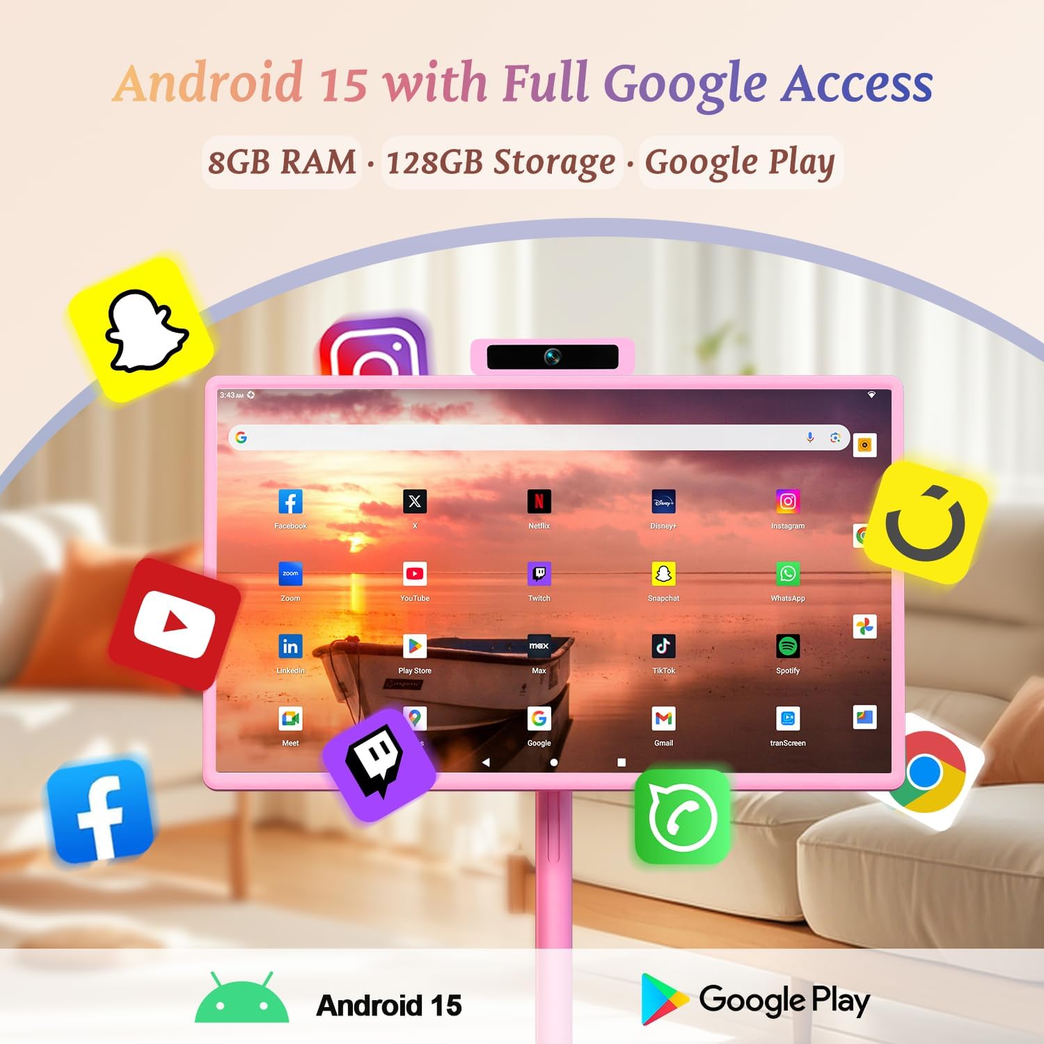 32 Inch Portable Smart TV | 1080P Touch Screen | Android 15 8G+128GB Storage | Movable Monitor on Wheels | 5MP Camera | 38,400 mAh Battery | Voice/Airmouse Remote Control | Versatile Rotatable Display
